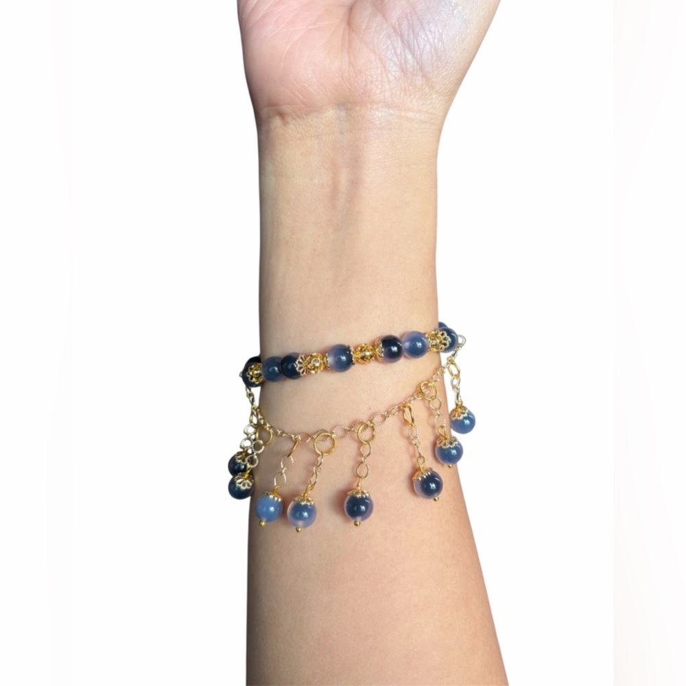 Midnight Blue Agate Charm Bracelet – Gold Chain Tassel Design